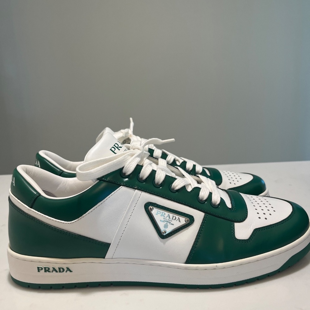 Prada Men Downtown Sneakers US11 UK10 Green White Leather Triangle Logo Low Top - Picture 3 of 11